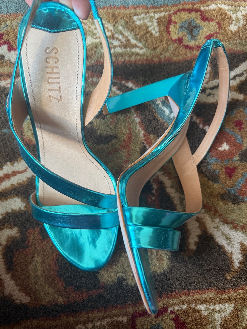 SCHUTZ Metallic Teal Strappy Slingback Heels
